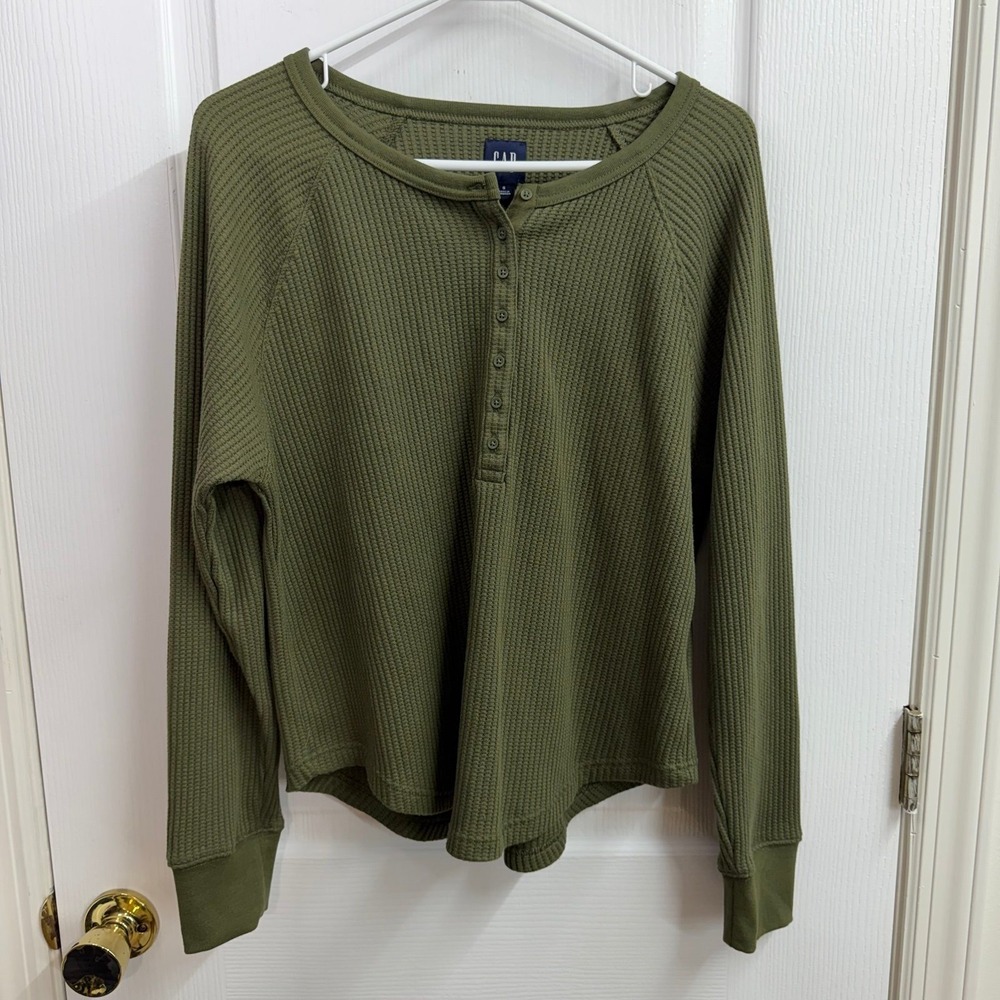 GAP Women's Green Waffle Knit Long Sleeve Henley cotton stretch casual shirt S
